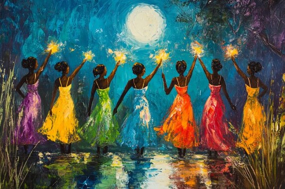 ブラックフェアリーズ 油絵風アートプリント：気まぐれな月光のダンス