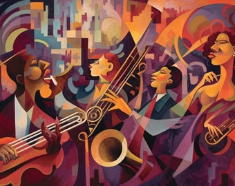 Schilderij jazzclub New Orleans | Abstracte saxofoonkunst (digitale download)