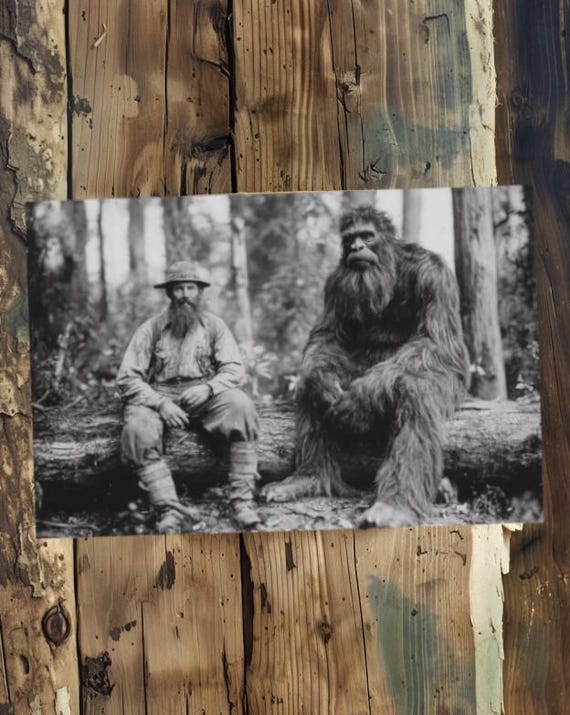 Bigfoot キャンバスアート(2) 作品 手書き Sasquatch Ranger Art - Vintage Cryptid Photo - Bigfoot