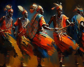 La danse des Massaï, Afrique, Art africain, Peinture à l’huile, Art AI, Décor africain, Décoration murale, Art mural, Cadeau, Impression d’art, Art imprimable
