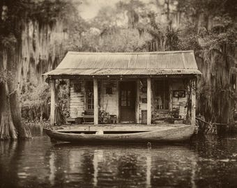 Cajun Boathouse Vintage Print | Louisiana Cypress Swamp Art | Bayou Photography