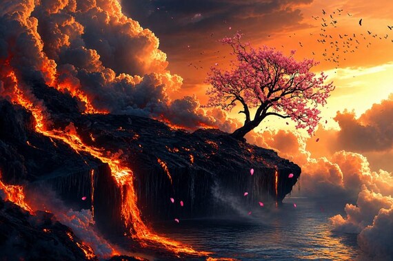 シュールな桜の溶岩アート｜禅の火山風景プリント｜ピンクとオレンジの
