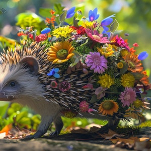 Impresión artística de erizo, descarga digital, caprichoso, animal de jardín, linda naturaleza, decoración de pared, erizo floral, arte imprimible instantáneo