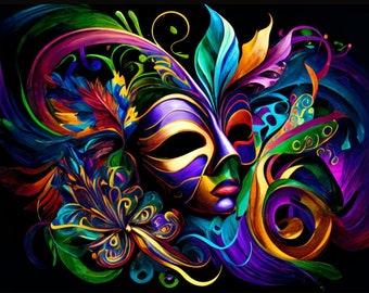 Cartel de Mardi Gras / Máscara de carnaval / Lámina artística de Nueva Orleans / Arte abstracto vibrante del Carnaval de NOLA