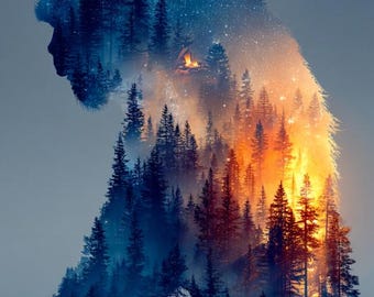 Bigfoot Double Exposure Art | Cryptid Silhouette Print | Modern Rustic Nature Decor