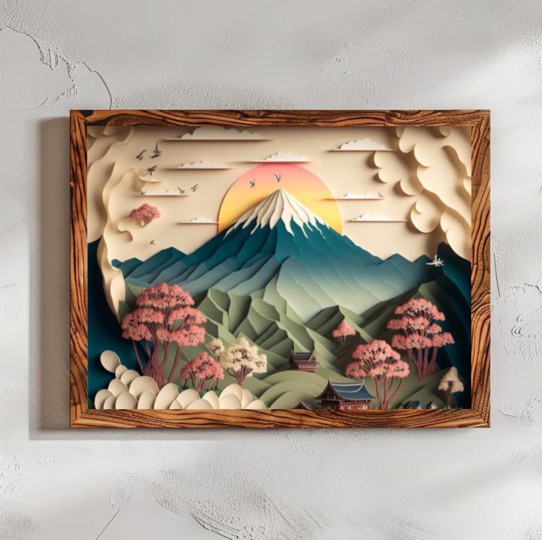 3D Japanese Mountain Landscape Art: Tranquil Zen Nature Print