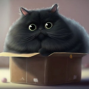 Fat Cat In Little Box, Cat Humor, Cat Art, AI Art, Love Cats, Cat Humor, Gift, Cat Lover, Cute Cat, Black Cat, Humorous Art, Digital Art