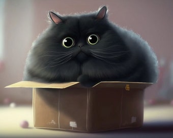 Fat Cat In Little Box, Cat Humor, Cat Art, AI Art, Love Cats, Cat Humor, Gift, Cat Lover, Cute Cat, Black Cat, Humorous Art, Digital Art