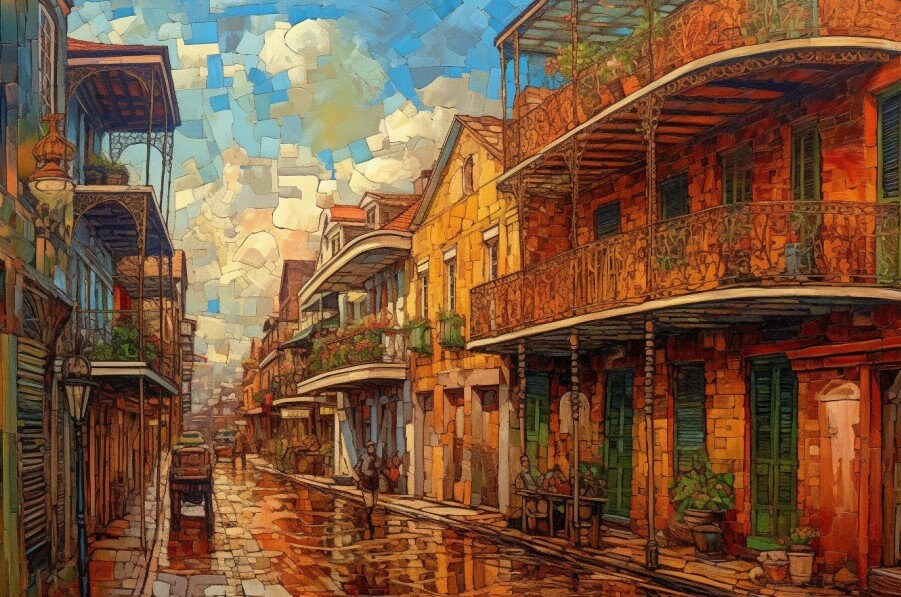 New Orleans French Quarter Print | Futurism Street Scene, Mosaic