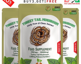 Turkey Tail Mushroom Extract Capsules 12,000mg- 200mg Polysaccharides-Vegan Cap