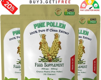 May include: Three brown pouches with a green pine tree design. The pouches contain Pine Pollen 100% Pure & Clean Extract. The pouches are labeled "Food Supplement" and contain 90 capsules, 500mg each. The pouches are labeled "Made in UK" and have a "Gluten Free" and "GMO Free" label.