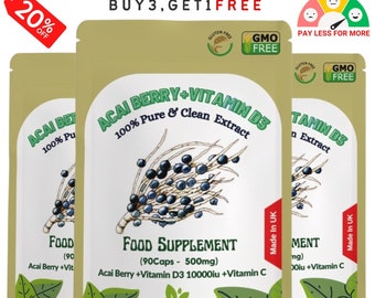 May include: Three gold pouches with a white background and black text. The pouches contain Acai Berry + Vitamin D3 10000iu + Vitamin C food supplement. The pouches are labeled "100% Pure & Clean Extract" and "Made in UK".