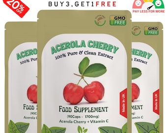 Acerola Cherry Capsules 700mg ( 1000mg Vitamin C)-100% Natural and Strong Extract, Vegan Capsules