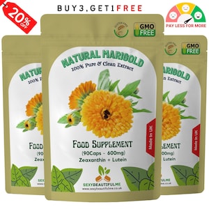 May include: Two packages of Natural Marigold 100% Pure & Clean Extract food supplement capsules. Each package contains 90 capsules and 600mg of Zeaxanthin + Lutein. The packages are labeled "Made in UK" and feature a marigold flower graphic. The text "BUY 3, GET 1 FREE" is displayed at the top of the image.