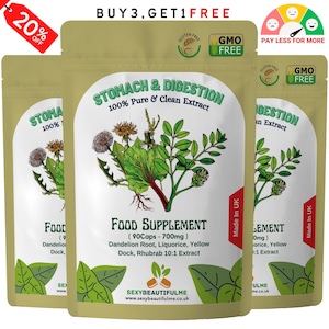 Könnte beinhalten: Zwei Packungen des Nahrungsergänzungsmittels Stomach & Digestion 100% reiner und sauberer Extrakt mit Löwenzahn, Süßholz, Gelbem Dock und Rhabarber. Die Packungen sind grün und goldfarben mit dem Text "KAUFE 3, BEKOMME 1 GRATIS" und "GMO FREE".