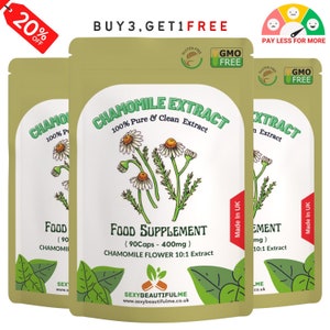 May include: Three pouches of chamomile extract supplement, each with a white background and a drawing of chamomile flowers. The pouches are labelled "Chamomile Extract 100% Pure & Clean Extract" and "Food Supplement (90Caps - 400mg) Chamomile Flower 10:1 Extract". The pouches also have a "Gluten Free" and "GMO Free" label.