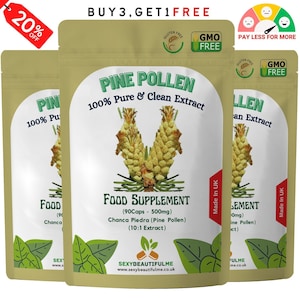 May include: Three brown pouches featuring a green pine tree design. The pouches contain Pine Pollen 100% Pure & Clean Extract. The pouches are labelled "Food Supplement" and contain 90 capsules, 500mg each. The pouches are labelled "Made in UK" and have a "Gluten Free" and "GMO Free" label.
