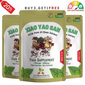 May include: Three packages of Xiao Yao San 100% Pure & Clean Extract food supplement. Each package is gold with a green leaf design and the text "Xiao Yao San 100% Pure & Clean Extract" in black. The text "Food Supplement (90Caps - 500mg) Xiao Yao San, 10:1 Extract" is also on the package. The text "Made in UK" is on the right side of the package.