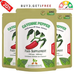 May include: Three pouches of cayenne pepper extract supplement. Each pouch is gold with a red chili pepper illustration and the text "Cayenne Pepper 100% Pure & Clean Extract" and "Food Supplement (90Caps - 400mg) Cayenne Pepper 10:1 Extract". The pouches are labeled "Made in UK" and have a "Gluten Free" and "GMO Free" logo.