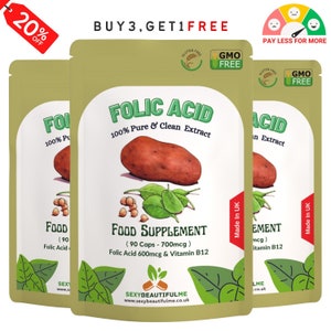 Folic Acid 700mcg+Vitamin B12 Capsules-100 Natural , and Strong Extract , Vegan Capsules