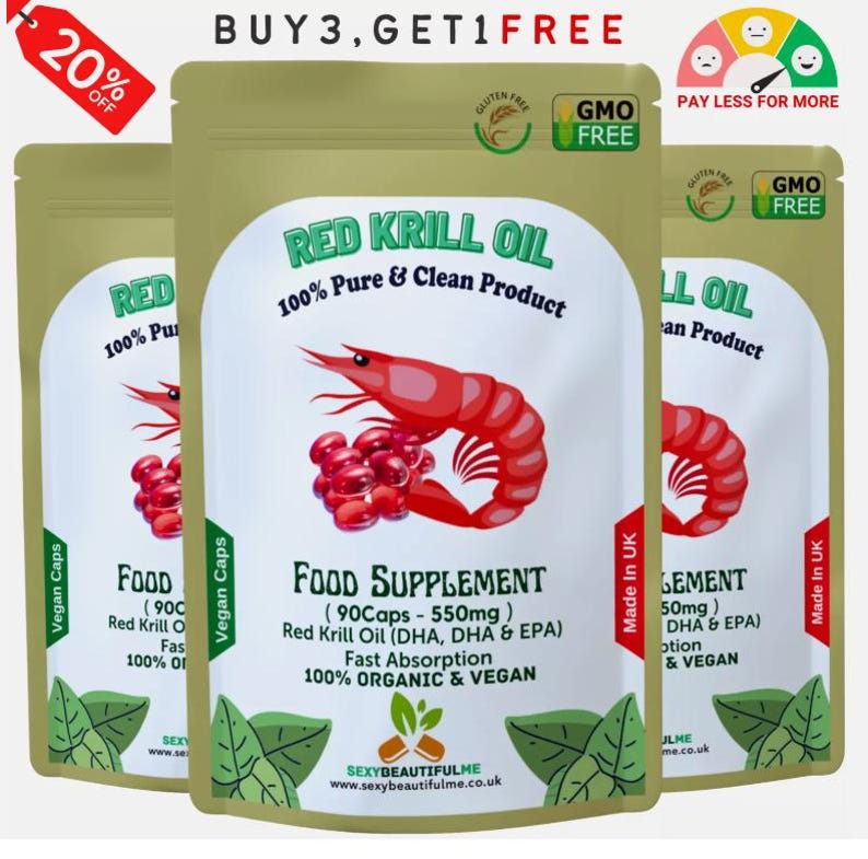 May include: Three pouches of red krill oil supplements. Each pouch is gold with a red shrimp illustration and the text "RED KRILL OIL 100% Pure & Clean Product" and "FOOD SUPPLEMENT (90Caps - 550mg) Red Krill Oil (DHA, DHA & EPA) Fast Absorption 100% ORGANIC & VEGAN". The pouches are labeled "Vegan Caps" and "Made in UK".