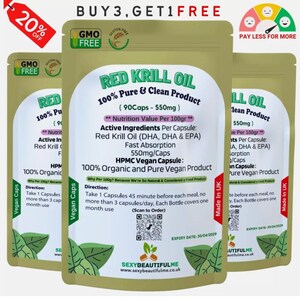 May include: A package of Red Krill Oil capsules, a dietary supplement. The package is green and brown with the words "Red Krill Oil" and "100% Pure & Clean Product" in large, bold letters. The package also includes a QR code and the text "Made in UK".