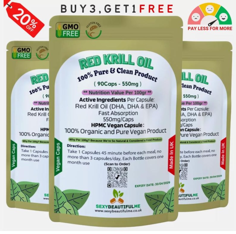May include: A package of Red Krill Oil capsules, a dietary supplement. The package is green and brown with the words "Red Krill Oil" and "100% Pure & Clean Product" in large, bold letters. The package also includes a QR code and the text "Made in UK".