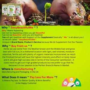 May include: A green and yellow graphic with the text "Why "SexyBeautifulMe"?" and "What Does it mean "Pay Less For More"?"  The graphic explains the meaning of the brand name "SexyBeautifulMe" and the benefits of buying from this company.