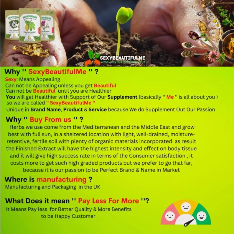 May include: A green and yellow graphic with the text "Why "SexyBeautifulMe"?" and "What Does it mean "Pay Less For More"?"  The graphic explains the meaning of the brand name "SexyBeautifulMe" and the benefits of buying from this company.