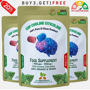 Puede incluir: Dos bolsas doradas de suplemento alimenticio CDP Choline Citicoline con un gráfico de cerebro y el texto "100% Pure & Clean Product" y "Food Supplement (90Caps - 550mg) CDP Choline Citicoline 100% Organic & Vegan". Las bolsas tienen un diseño de hojas verdes y el texto "SexyBeautifulMe www.sexybeautifulme.co.uk".