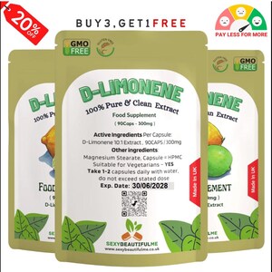 Puede incluir: Una bolsa amarilla y marr&oacute;n con el texto "D-LIMONENE 100% Pure & Clean Extract" y "Food Supplement (90Caps - 300mg)". La bolsa tambi&eacute;n incluye un c&oacute;digo QR y el texto "Made in UK".