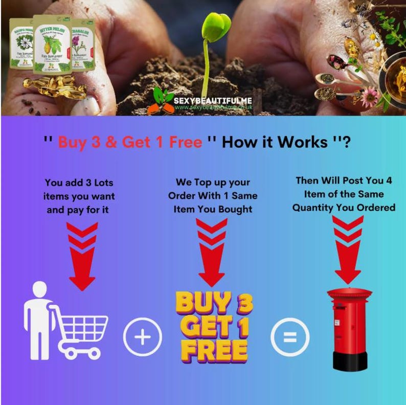 May include: Illustration showing how to get a free item when buying three items. The illustration shows a person adding three items to a shopping cart, then a plus sign, then a red box with the text "BUY 3 GET 1 FREE", then an equals sign, then a red mailbox with four items inside.