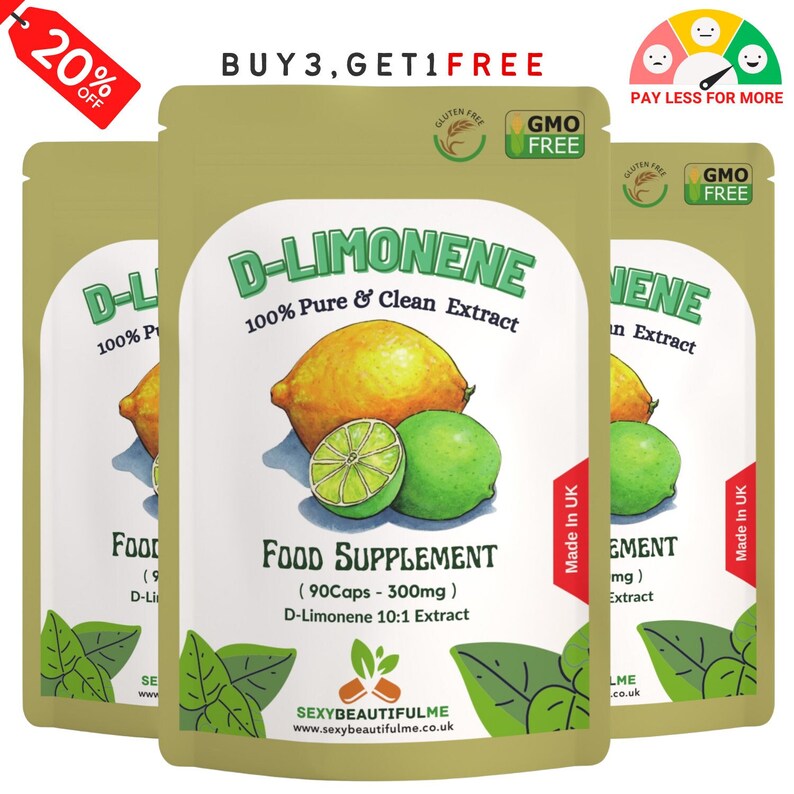 Puede incluir: Tres sobres de suplemento alimenticio D-Limoneno 10:1. Cada sobre es verde y blanco con una imagen de limones y limas. El texto en el sobre dice "D-Limoneno 100% puro y limpio extracto" y "Suplemento alimenticio (90Caps - 300mg)".
