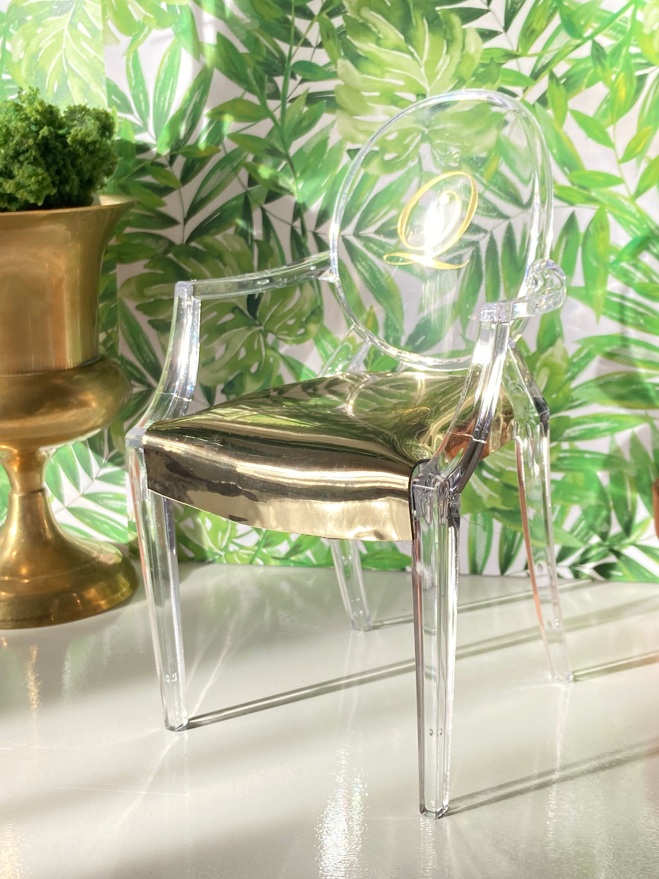 Chairs With Lettering Monogrammed 1:6 Scale Doll Chair With Gold Chrome Vinyl Seat and Shiny ...