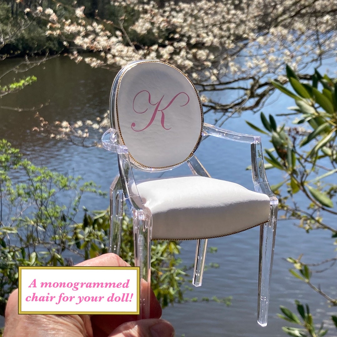 Chairs With Lettering Monogrammed White Faux Leather 1:6 Scale Chair With Pink Lettering and ...