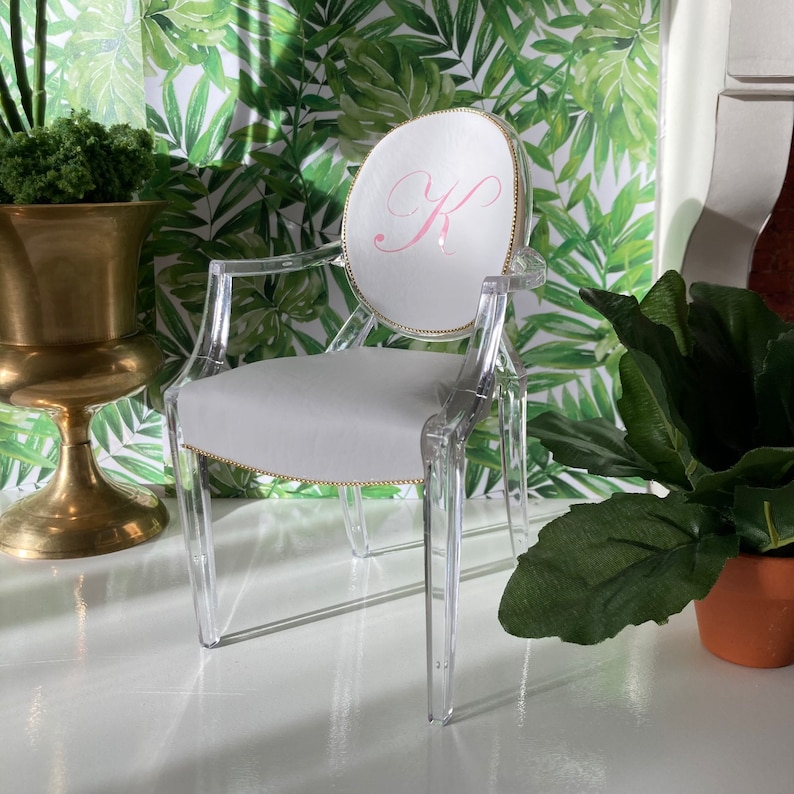 Chairs With Lettering Monogrammed White Faux Leather 1:6 Scale Chair With Pink Lettering and ...