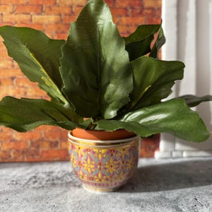 Può includere: Una piccola pianta in vaso con grandi foglie verdi. Il vaso è in ceramica decorativa con un colorato motivo floreale rosa, giallo e blu. Il vaso ha un bordo marrone e poggia su una superficie grigia, con un muro di mattoni sullo sfondo.