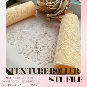 May include: A close-up of a texture roller with a fan-shaped design, alongside a sheet of material with the same embossed pattern. The roller is a light yellow color, and the text "TEXTURE ROLLER STL FILE" is visible.