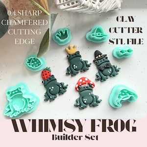May include: A collection of whimsical frog-shaped clay cutters and STL files. The frogs are green with various accessories, including crowns, hats, and mushroom caps. The image also includes text that reads "0.4 Sharp Chamfered Cutting Edge", "Clay Cutter STL File", and "Whimsy Frog Builder Set."