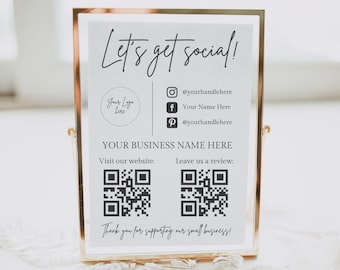 Modèle de signe de médias sociaux, signe de code QR, signe modifiable de petite entreprise imprimable, Instagram Facebook Suivez-nous signe, laissez-nous un signe de révision