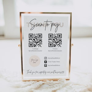 Plantilla de signo de escaneo para pagar, signo de pago, signo de código QR, signo editable para pequeñas empresas, signo de redes sociales imprimible, signo de salón Venmo, bricolaje