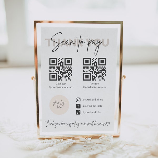 Scan to Pay Sign Template, Payment Sign, QR Code Sign, Editable Small Business Sign, Social Media Sign Printable, Venmo Salon Sign, DIY