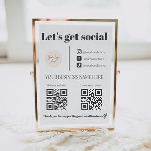 Social Media Sign Template, QR Code Sign, Lets Get Social, Small Business Sign, Instagram Facebook Follow Us Sign, Leave us a Review Sign