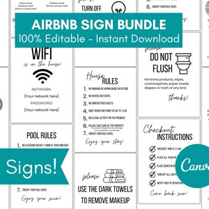 Peut inclure: Une bannière bleu sarcelle avec le texte "16 Signs!" en blanc. La bannière est devant une collection de 16 panneaux imprimables pour une location Airbnb. Les panneaux comprennent des instructions pour les clients, telles que "WIFI is on the house!" et "Pool Rules".