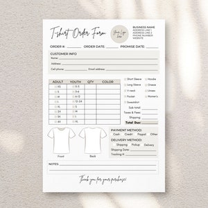 Tshirt Order Form Template, Editable Order Form for T-shirts, Shirt Order Form Printable, Small Business Purchase Order, Canva Template