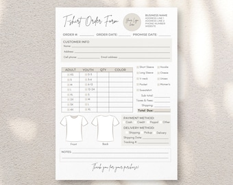 Tshirt Order Form Template, Editable Order Form for T-shirts, Shirt Order Form Printable, Small Business Purchase Order, Canva Template