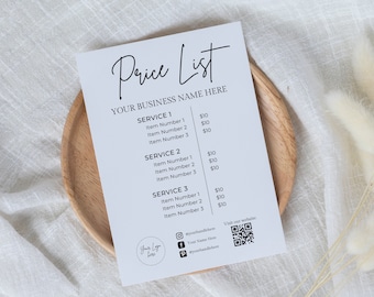 Price List Sign, Editable Price List Sign Printable, QR Code Sign, Beauty Hair Salon Price List Sign, Small Business Sign Canva Template