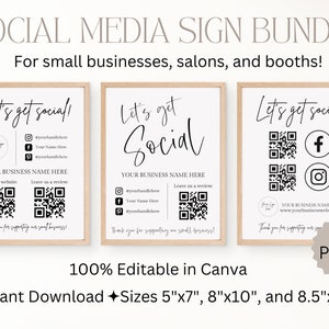 Business Sign Templates Bundle, Social Media Sign Printable, Custom QR Code Sign, Lets Get Social Sign, Instagram Facebook Follow Us Sign