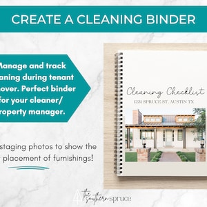 May include: A white cleaning checklist binder with a photo of a white house with a brown roof and a brick walkway. The text on the binder says "Cleaning Checklist" and "1231 Spruce St. Austin TX".