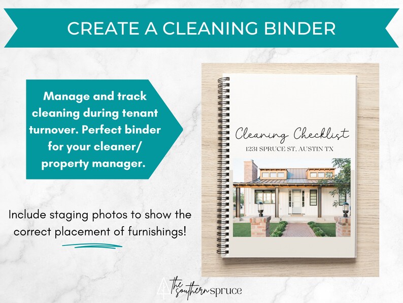 May include: A white cleaning checklist binder with a photo of a white house with a brown roof and a brick walkway. The text on the binder says "Cleaning Checklist" and "1231 Spruce St. Austin TX".